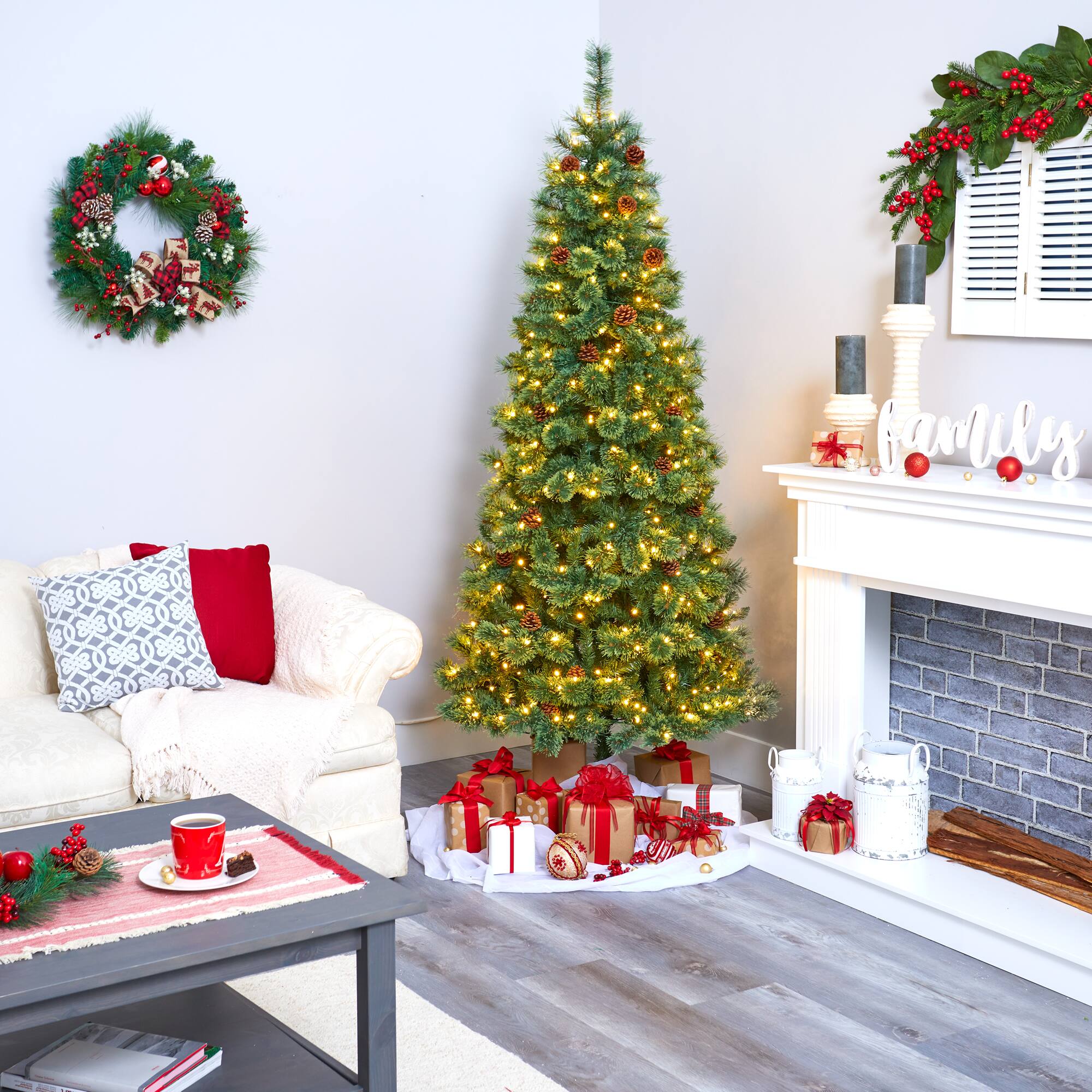 7ft. Pre-Lit White Mountain Pine & Pinecones Artificial Christmas Tree with Clear LED Lights